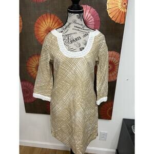 Vineyard Vines Linen Tunic/Dress Tan Lattice 3/4 Sleeves Preppy Country Club 6